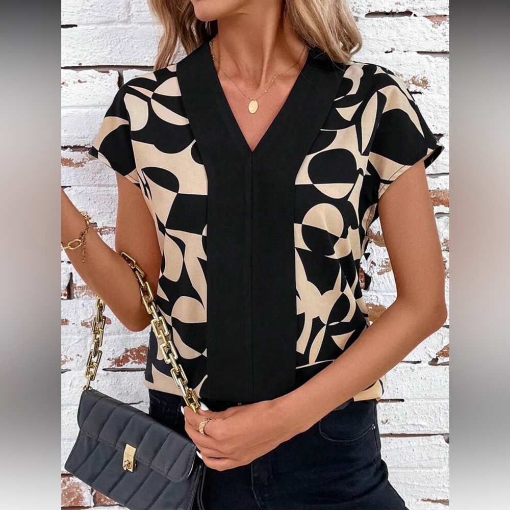 SHEIN Black and Cream Abstract Blouse